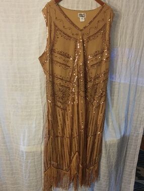 Unique Vintage Gold Sequin Fringe Midi Dress
